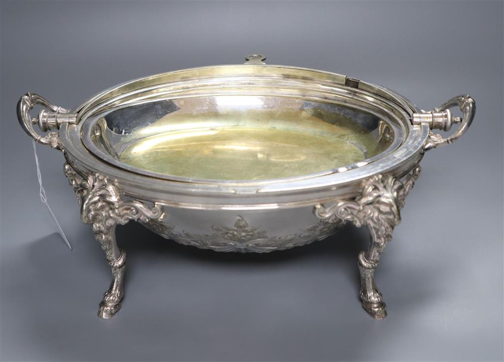 A Victorian silver plated embossed breakfast dish